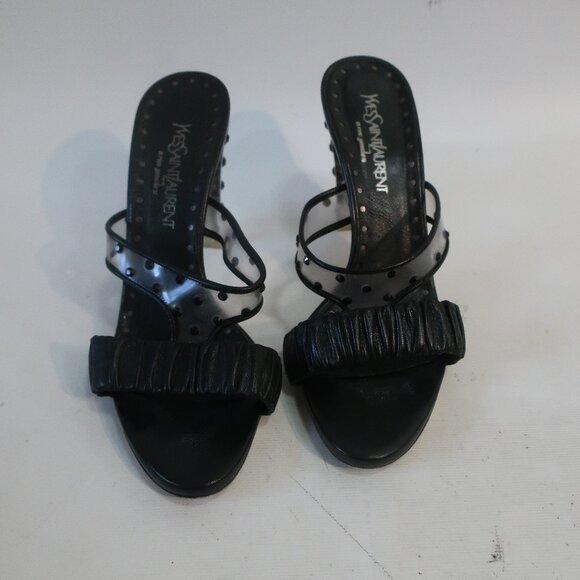 Authentic Yves Saint Laurent Ruched Leather Lucite Gem Strappy Heels 37.5 US/7.5 - Picture 5 of 12